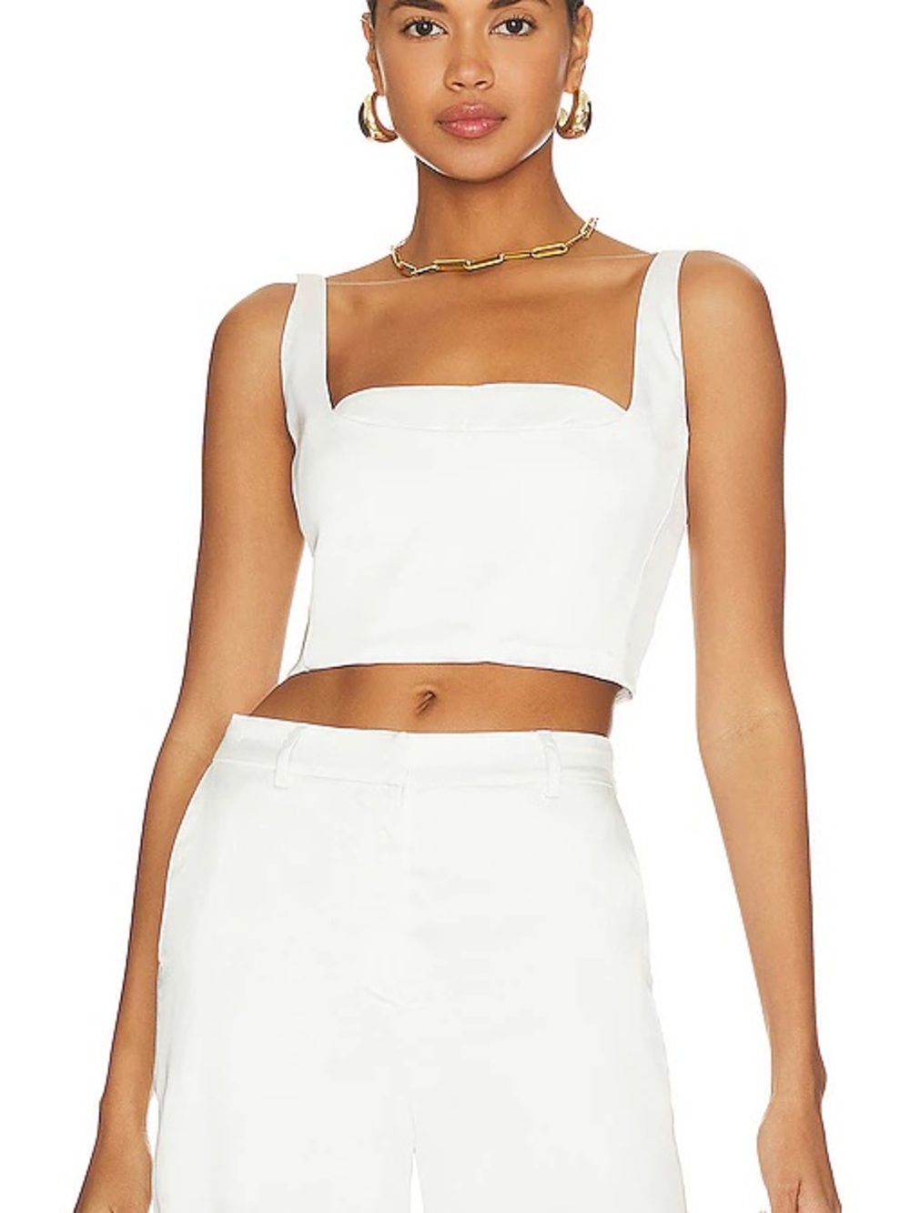 Line & Dot White Square-Neck Cropped Tank